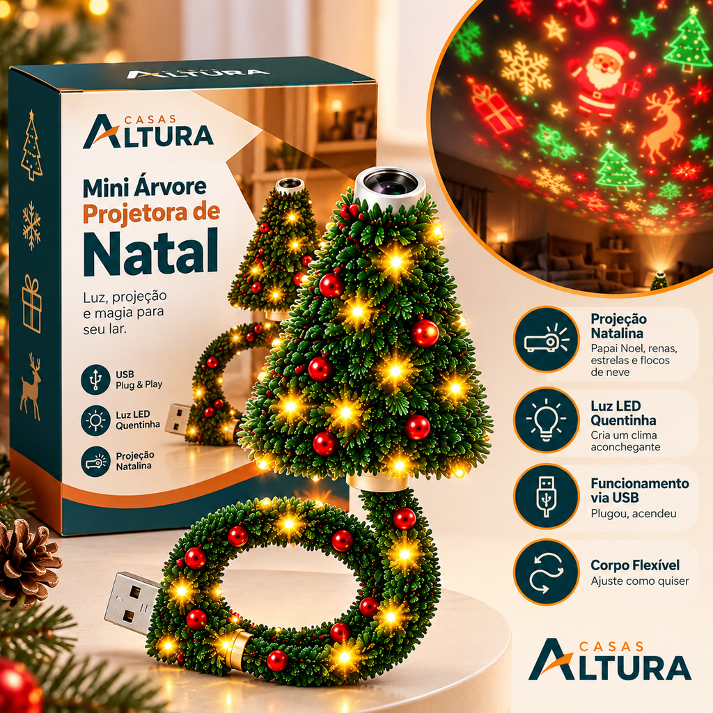 Mini Árvore de Natal com Luz LED - Projeta Papai Noel, Renas, Estrelas e Flocos de Neve!
