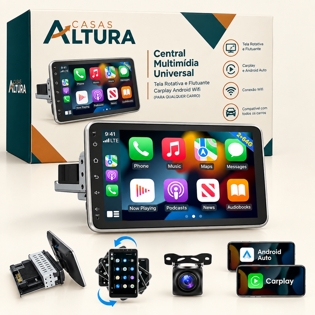 Central Multimídia Universal | Tela Rotativa e Flutuante Carplay Android Wifi (PARA QUALQUER CARRO)